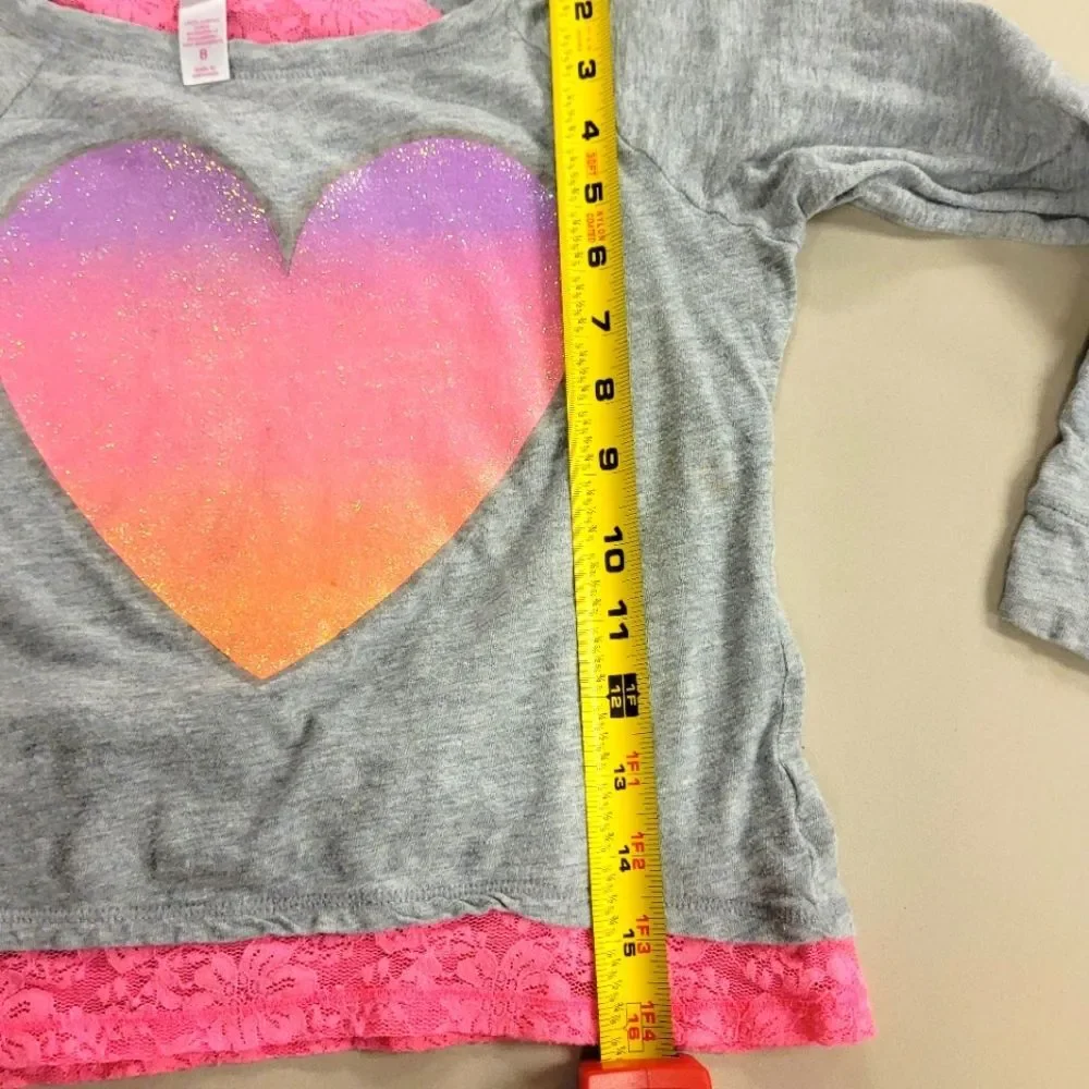 Justice Girls size 8 Long Sleeve Pink Lace Glitter Heart Tee Top
